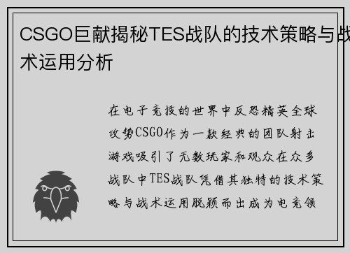 CSGO巨献揭秘TES战队的技术策略与战术运用分析